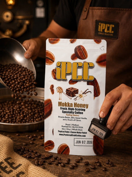 Coffee beans roasted to order with fresh roast date stamped on the bag