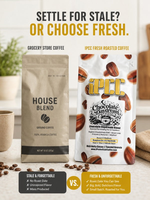 Fresh roasted coffee beans online with roast date vs stale grocery store coffee bag